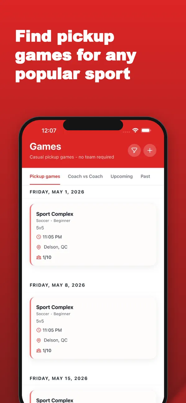 Aperçu SportsDock en anglais montrant la liste des matchs et leurs détails.